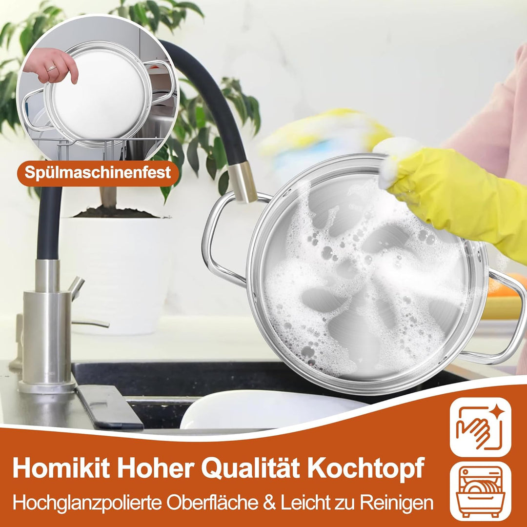 Homikit Kochtopf Gross 7,6L, Edeastahl Topf Nudeltopf Induktion mit 3-Lagen Böden für alle Herdearte