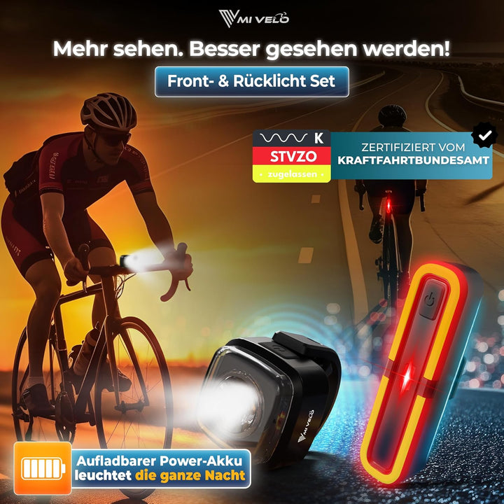 MIVELO Fahrradlicht Set mit Bremsanzeige - Fahrradlampe LED StVZO, IPX5 wasserdicht - Fahrradbeleuch