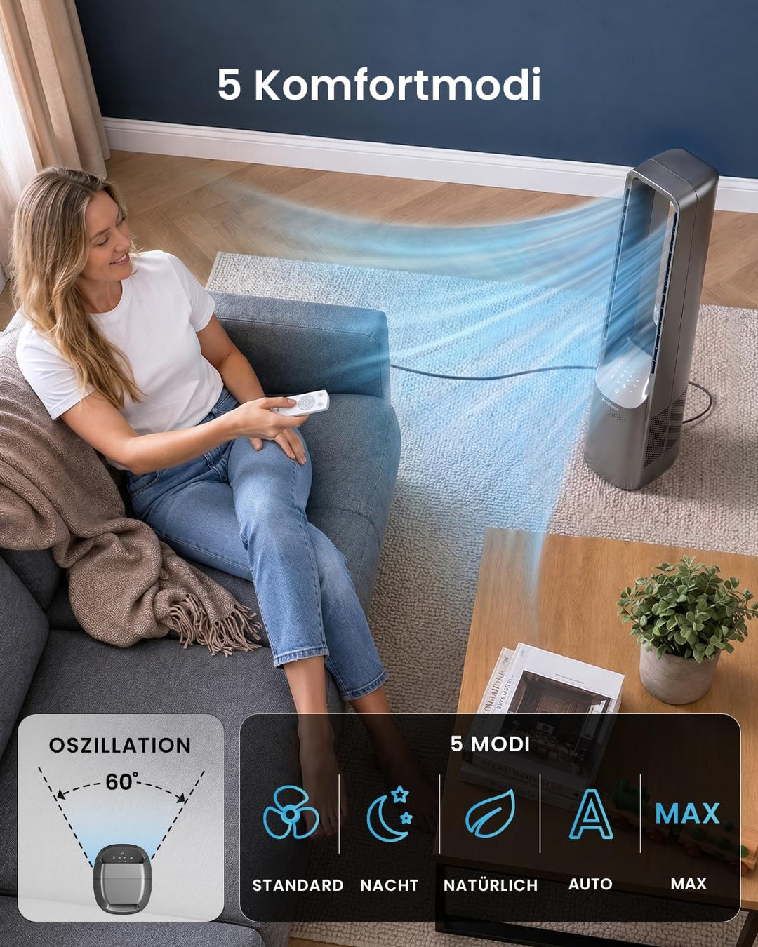 Pro Breeze 101cm rotorloser Ventilator - Ventilator oszillierend mit Fernbedienung, LED Display, 6 G
