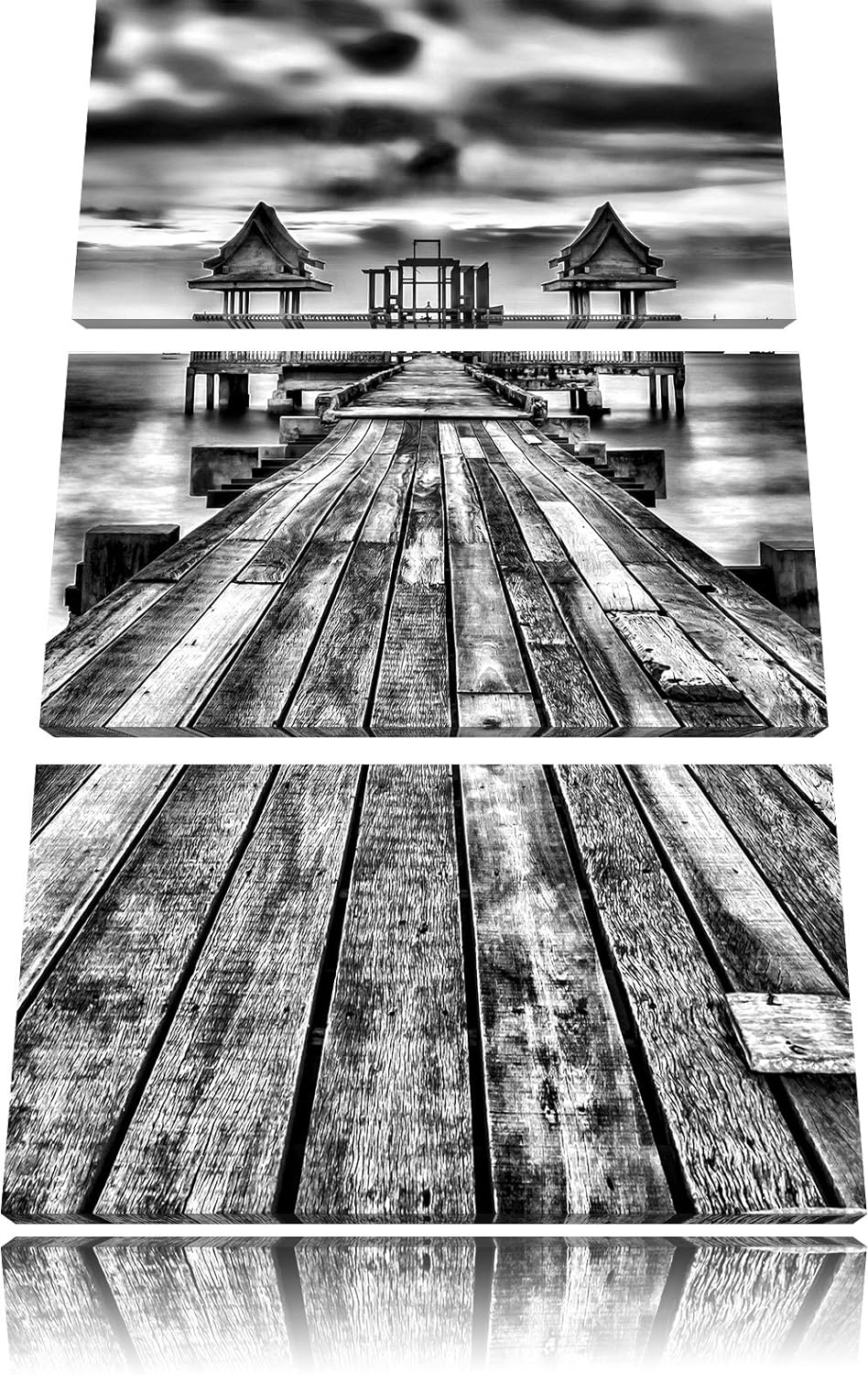 Pixxprint Monocrome, Bootssteg im Sonnenuntergang 3-Teiler Leinwandbild 120x80 Bild auf Leinwand