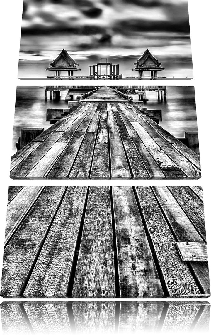 Pixxprint Monocrome, Bootssteg im Sonnenuntergang 3-Teiler Leinwandbild 120x80 Bild auf Leinwand