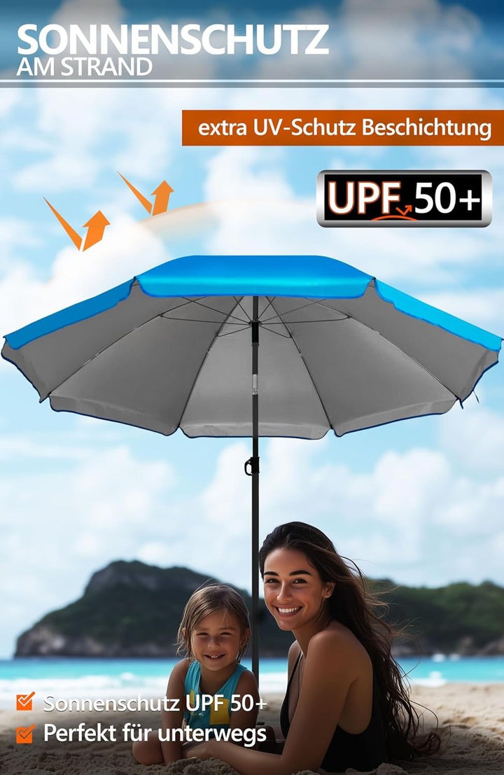4smile Sonnenschirm Strand SET mit Bodenhülse, Ø 200 cm, Blau | UPF 50+ Strandschirm + Sonnenschirm
