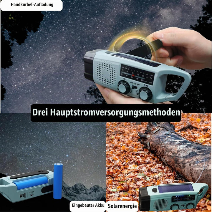 Notfall-Solarradio, Selbstbetriebenes Kurbelradio mit LED-Taschenlampe, SOS-Alarm,AM/FM Wetter Wind