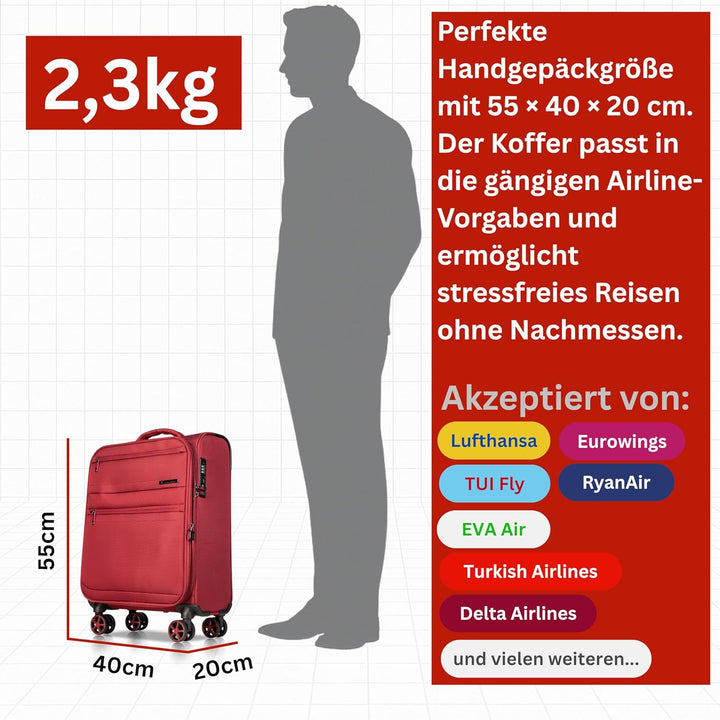 Cocoono Handgepäck Koffer 55x40x20 – Leichter Stoff Reisekoffer mit Rollen, TSA-Schloss, erweiterbar