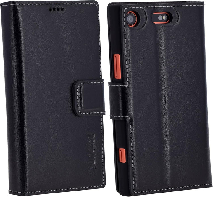 Suncase Book-Style für Sony Xperia XZ1 Compact (Slim-Fit) Ledertasche Leder Tasche Handytasche Schut