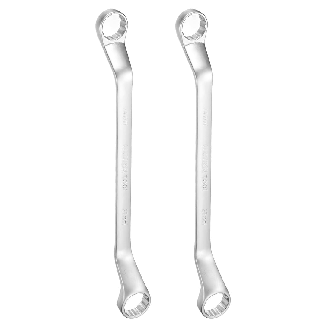 QUARKZMAN 2 Stück Versetzt Extra Lange Doppelringschlüssel 24 x 27 mm Metrisch 12 Punkt 45 Grad Vers