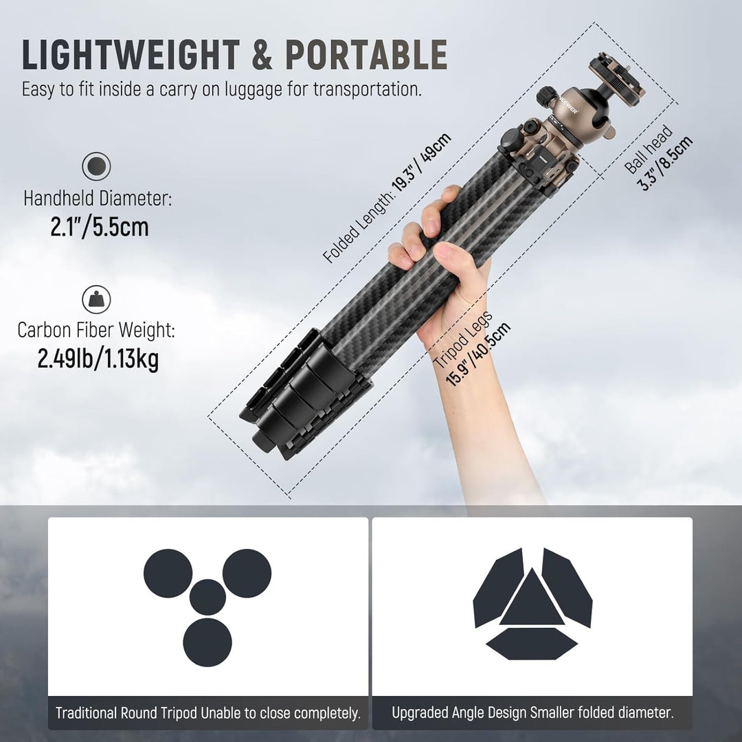 NEEWER LITETRIP LT35 155cm Carbon Stativ Reisestativ mit Pan Tilt Low Profile Kugelkopf Arca QR Plat