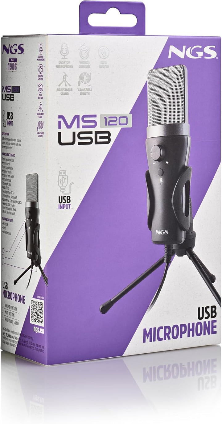 NGS MS120 USB - Mikrofon mit Nierencharakteristik für Streaming, Podcast und Gaming, latenzfreie Übe