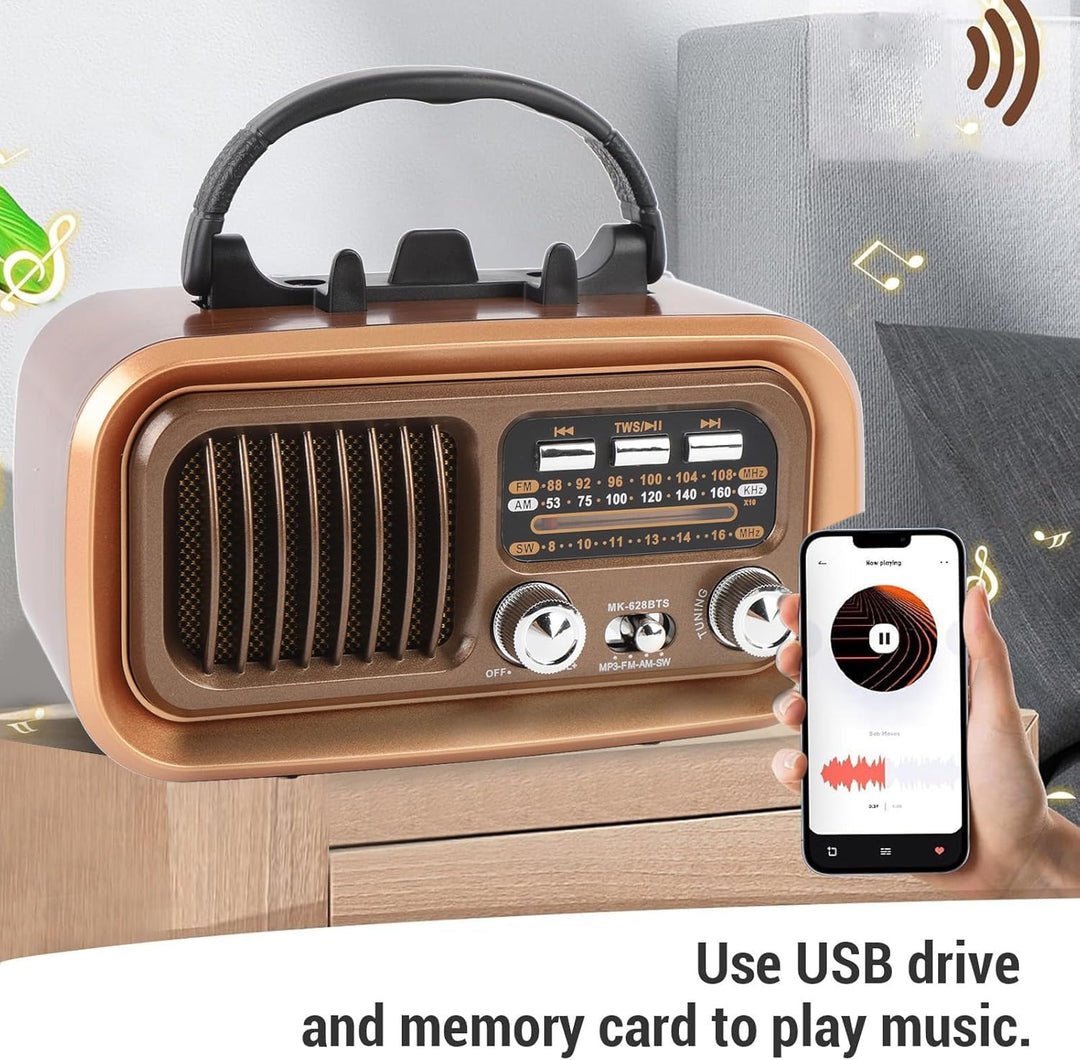 Retro Vintage Radio mit Bluetooth Lautsprecher, Tragbarer Kleiner Vintage AM FM Radio, Solar Batteri