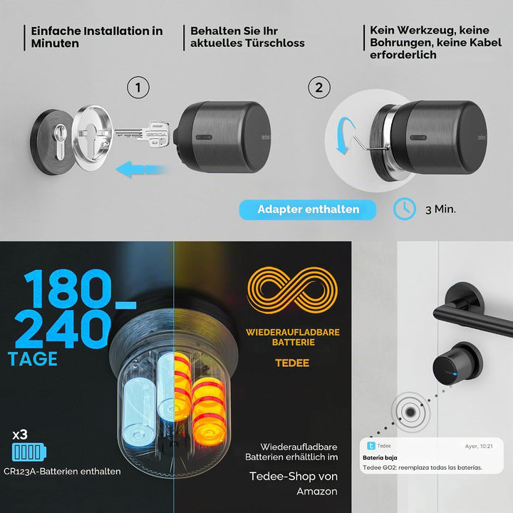 tedee Lock GO 2 Aluminium Set |smartes Türschloss Schwarz | biometrisches Tastenfeld Schwarz | Smart