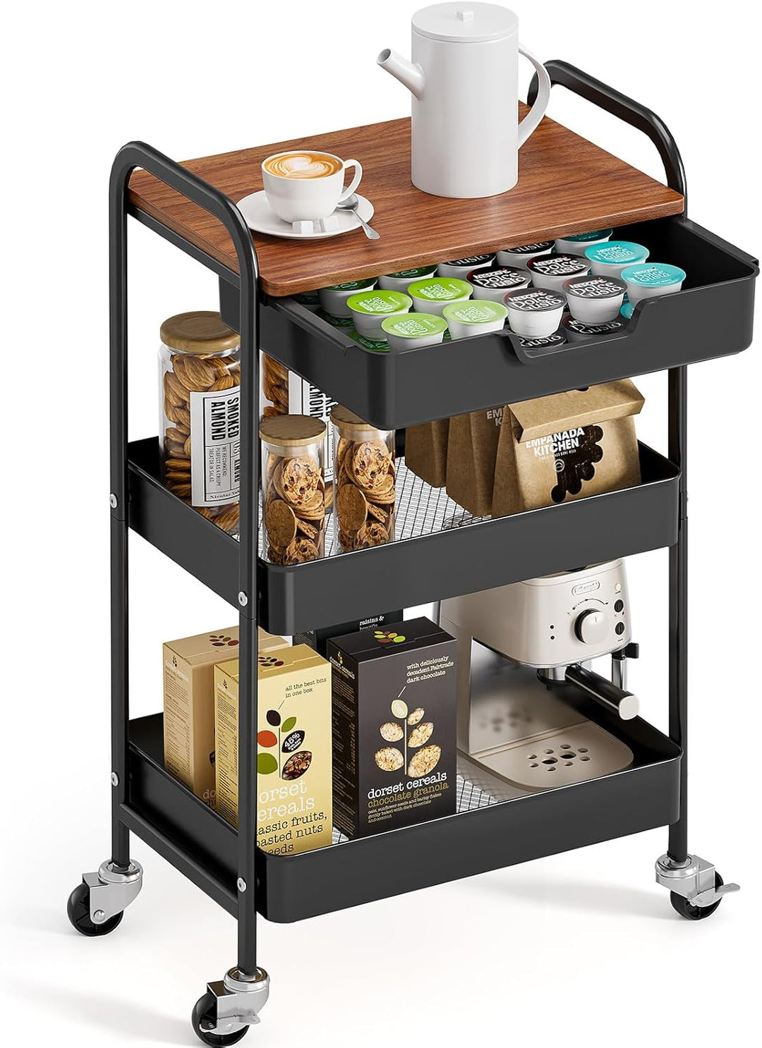 KINGRACK Aufbewahrungswagen 3-Tier mit Tischplatte, Multifunktionswagen aus Metall für Küche, Haus,