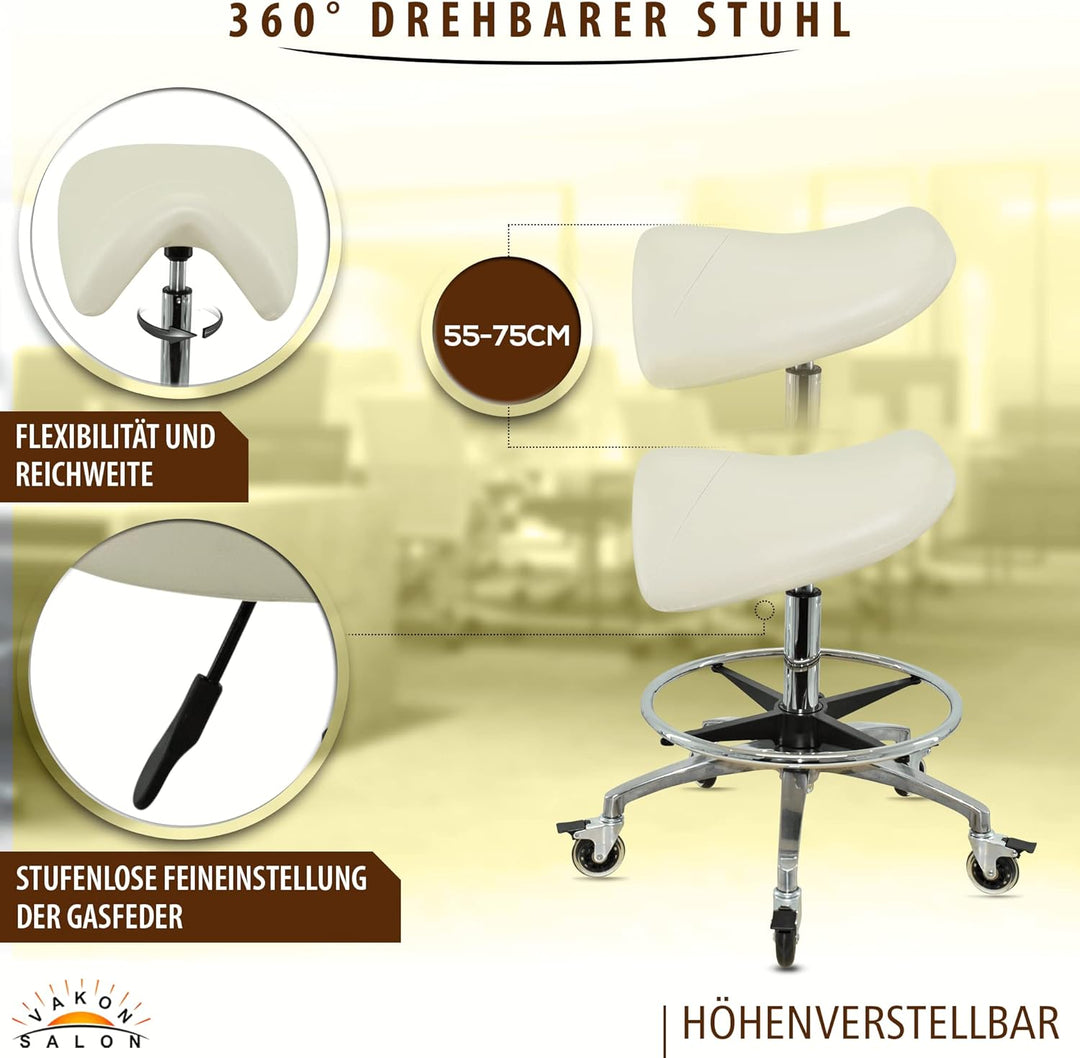 Premium Sattelhocker weiss mit Bremse, Sattelstuhl für Rückenentlastung, Rollhocker höhenverstellbar