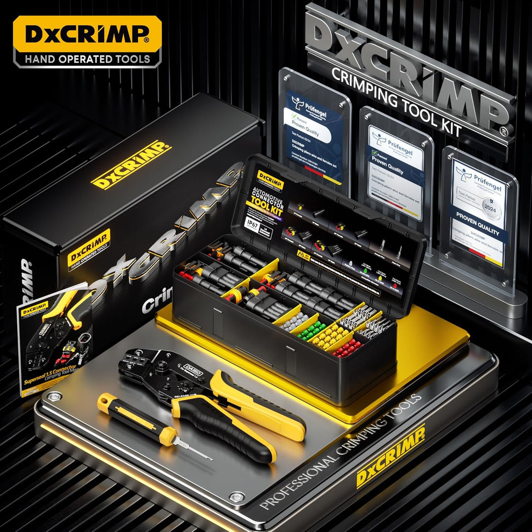 DxCRIMP Crimpzange Wasserdicht Kfz Stecker Set 1.5mm, 1-4 Polig, 24-14 AWG | 0,25–2,5mm² Kabelsteck,