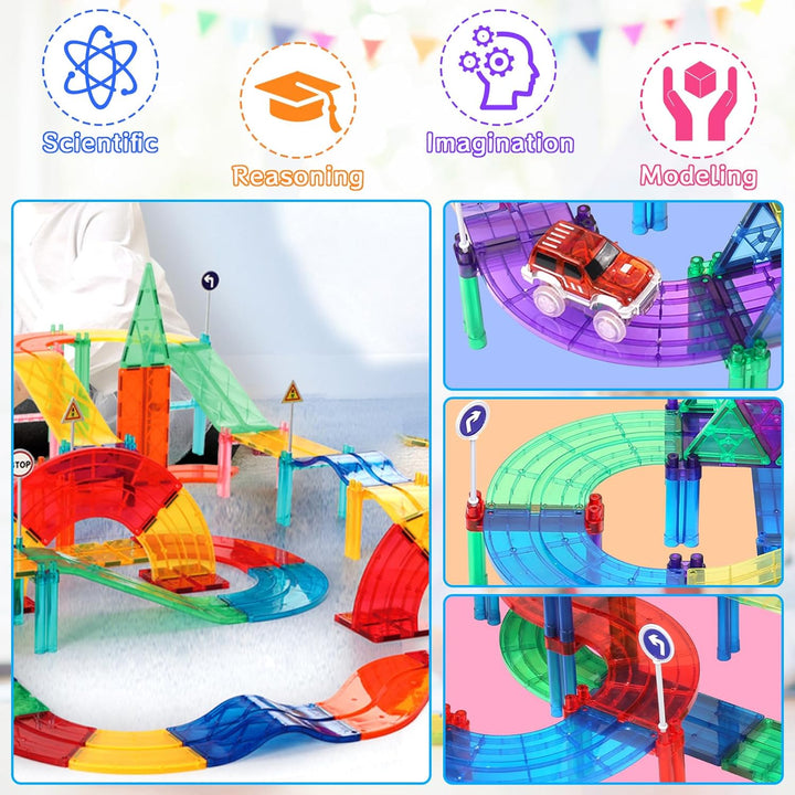 50Pcs Magnetisches Baustein Spielzeug für Bahnrennen, Magnetisches Bauspielzeug mit LED Rennwagen, M
