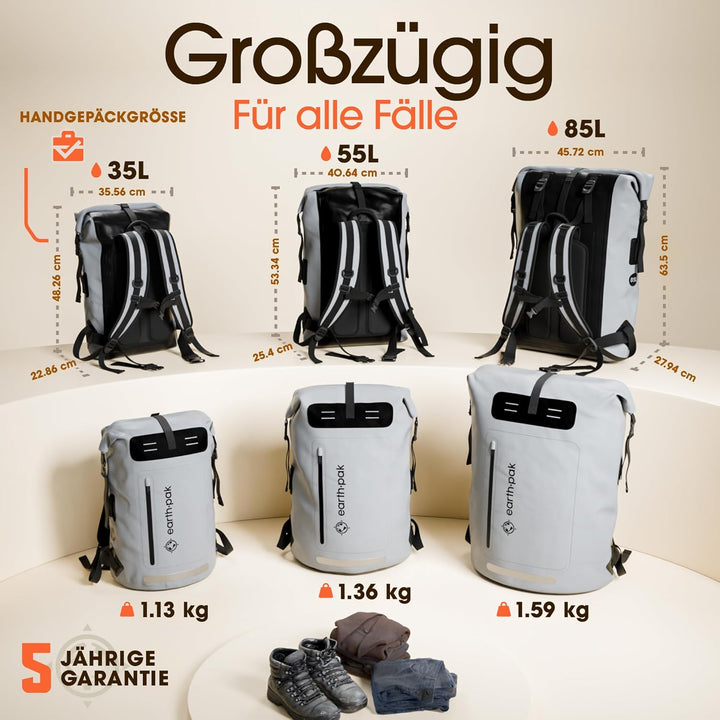 Earth Pak wasserdichter Rucksack – 35L / 55L Waterproof Backpack mit leistungsstarkem Rolltop Rollve
