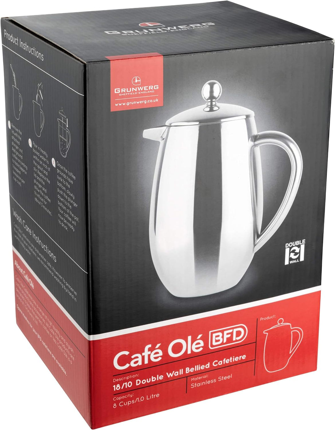 Café Olé Doppelwandiger, Bauchiger Kaffeebereiter aus hochwertigem Edelstahl 18/10 – Satiniert, 12 M