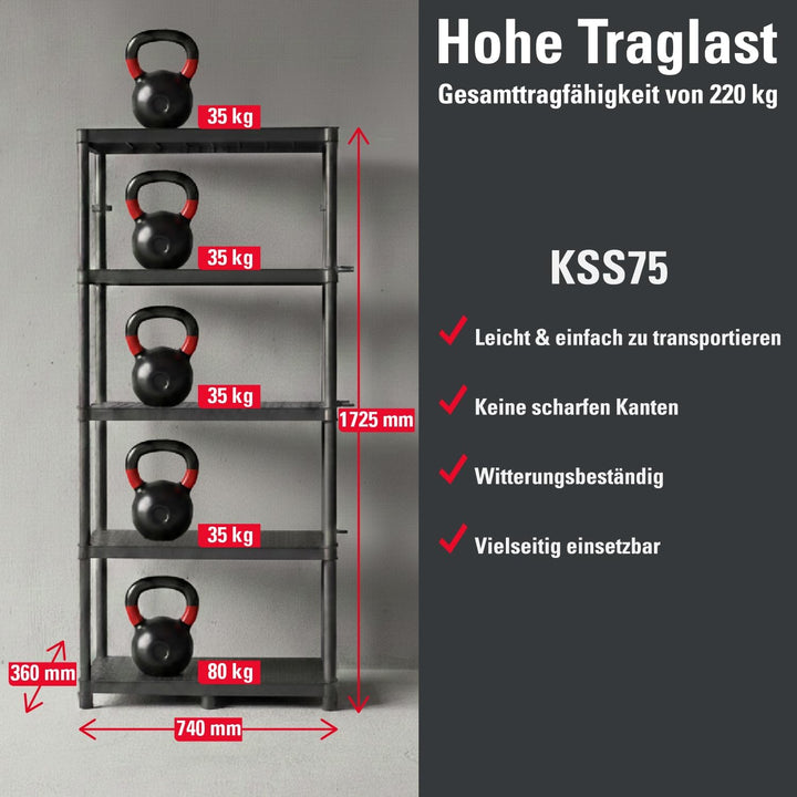 Kistenberg Werkstattregal 74 x 36 x 172,5 cm bis 220kg belastbar, 5 Ablageböden Steckregal Schwerlas