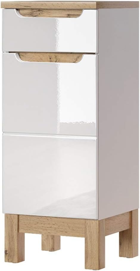Lomadox Badmöbel Unterschrank Hochglanz weiss mit Wotaneiche, 1 Türe, 1 Softclose-Schubkasten, B/H/T