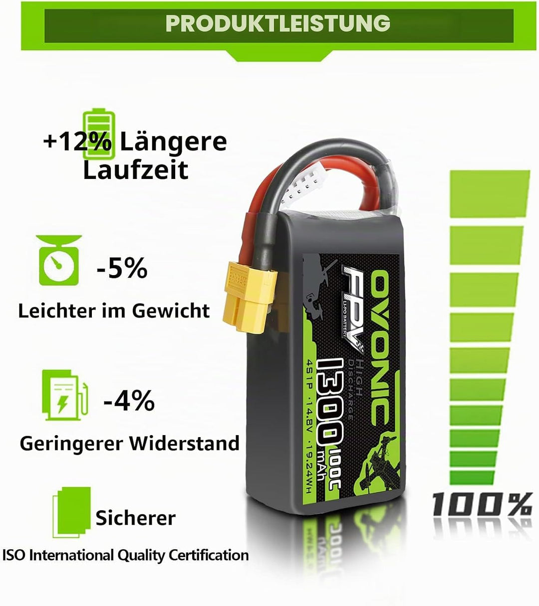 OVONIC RC Lipo Akku 4S 14.8V 1300mAh 100C XT60 Stecker LiPo Batterie Zellen für FPV UAV RC Flugzeug
