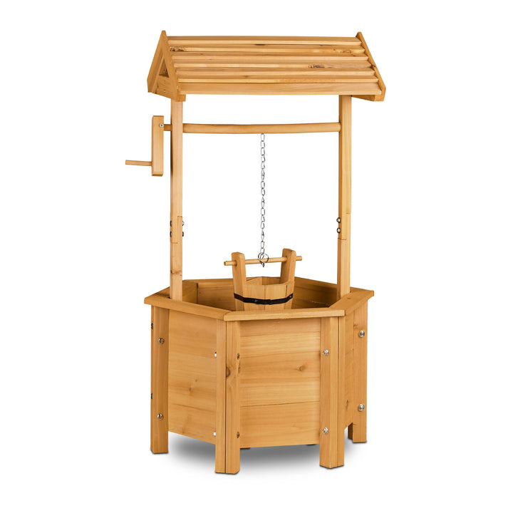 Relaxdays Dekobrunnen Garten Holz, Rolle, Eimer, HxBxT: 82 x 47 x 41 cm, Zierbrunnen, Gartendeko, Ho