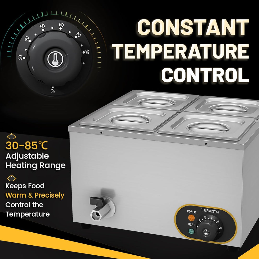 MOOTACO Elektrischer Wasserbad aus Edelstahl, Buffet, 4 x 1/6 mit Deckel, einstellbare Temperatur 30