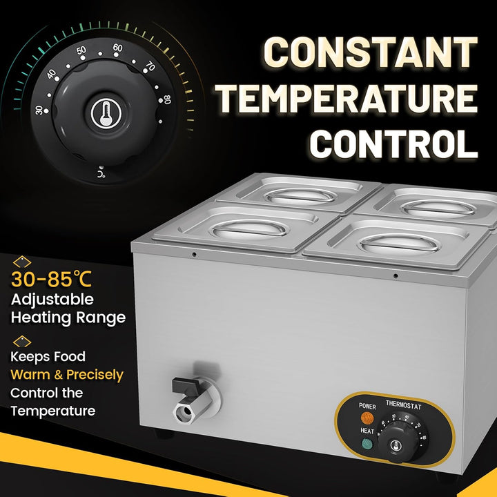 MOOTACO Elektrischer Wasserbad aus Edelstahl, Buffet, 4 x 1/6 mit Deckel, einstellbare Temperatur 30
