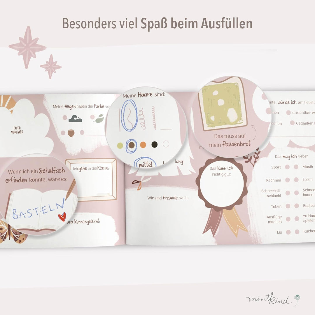 mintkind® „Meine Schulfreunde“ Freundebuch Schule Mädchen und Jungen Boho Design | Freundschaftsbuch