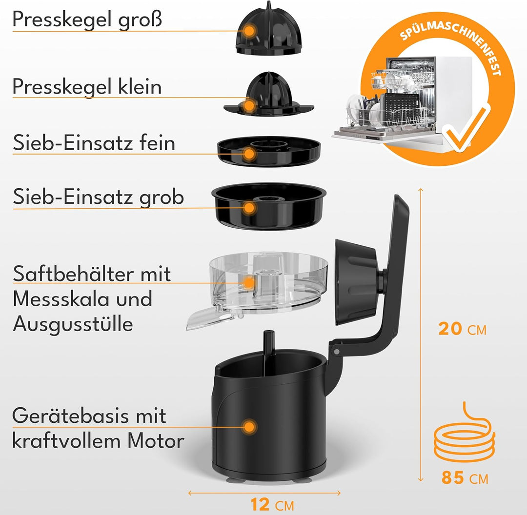 LEBENLANG Saftpresse Elektrisch 80W - Inkl. 2 Kegel &amp; BPA-Frei I Hohe Ergiebigkeit I Zitronenpresse