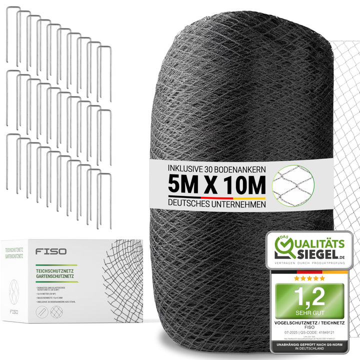 FISO® Teichnetz - 5x10m I Vogelschutznetz engmaschig, robust, witterungs- & UV-beständig I Schwarzes
