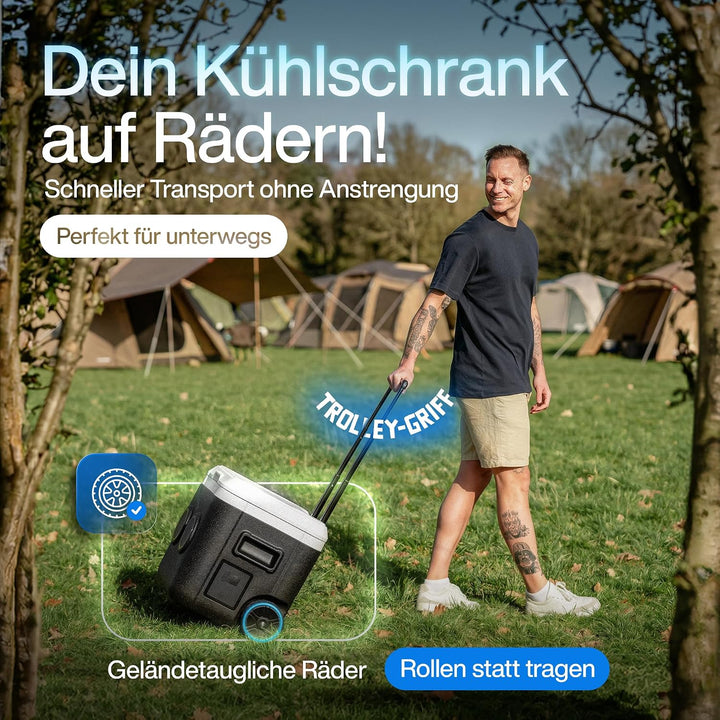 Roll &amp; Play Bluetooth Kühlbox 52L mit Rädern &amp; Teleskopgriff - Passive Kühlbox mit integriertem Blue