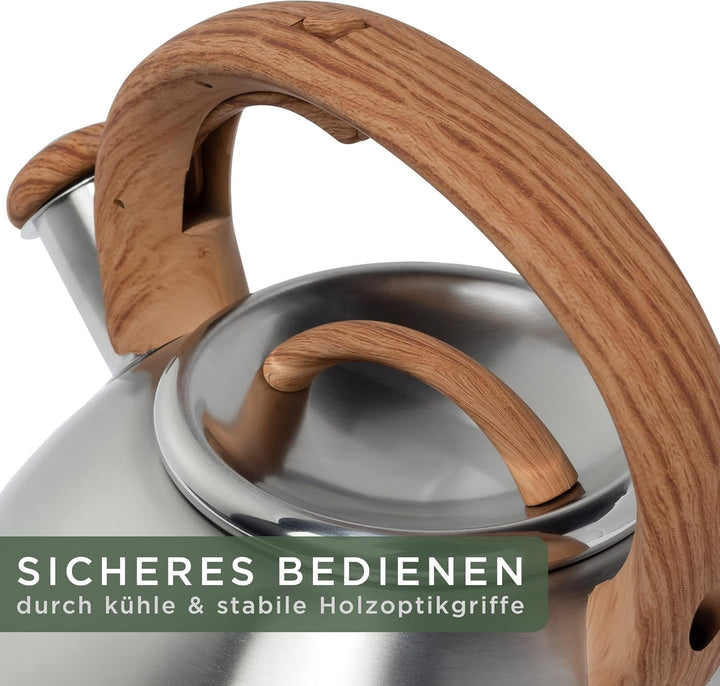 WALDWERK Wasserkessel (2,3L) - Wasserkessel für Induktion und Gasherd - Teekessel mit Holzoptik Grif