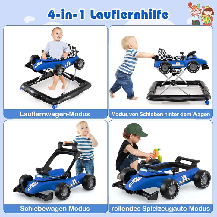 COSTWAY 4 in 1 Lauflernhilfe, Lauflernwagen klappbar mit einstellbarer Höhe, Baby Walker Autoförmig