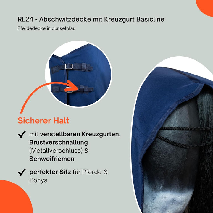RL24 - Abschwitzdecke BASICLINE mit Kreuzgurt fürs Pferd ist atmungsaktiv Fleecedecke Transportdecke