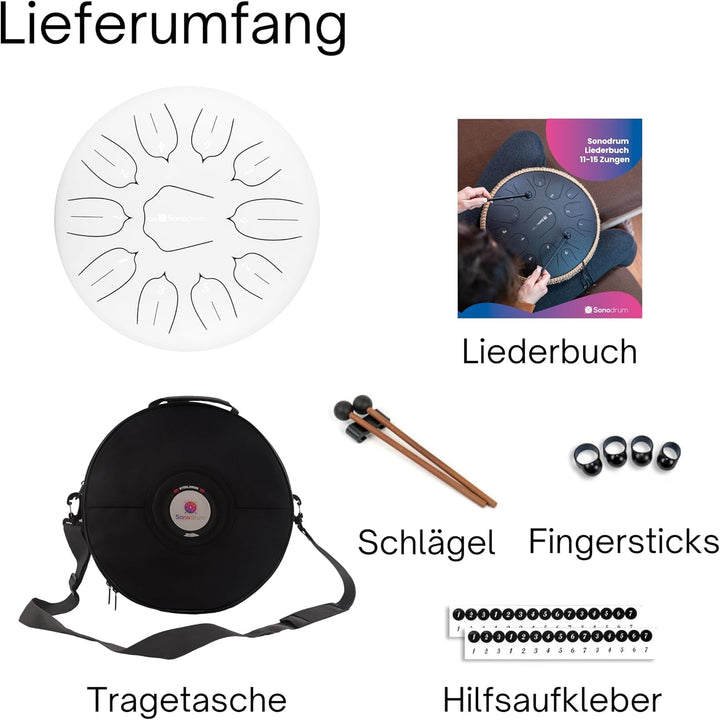 Sonodrum Zungentrommel "Standard" D - Dur in Weiss - 30 cm gross mit 11 Tönen - Steel Tongue Drum in
