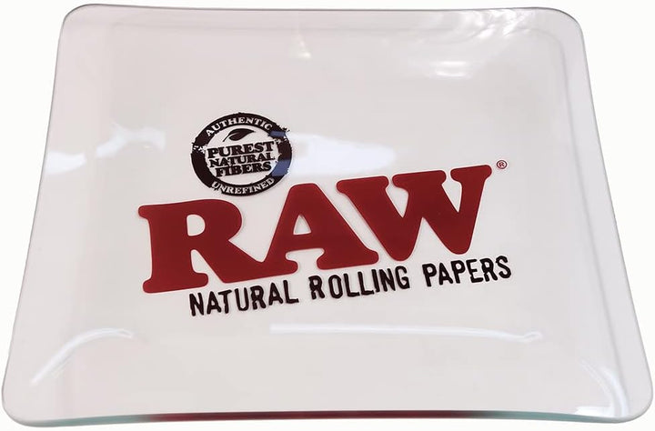 2x RAW Glass Rolling Tray Drehunterlage aus bruchsicherem Glas mit RAW-Logo