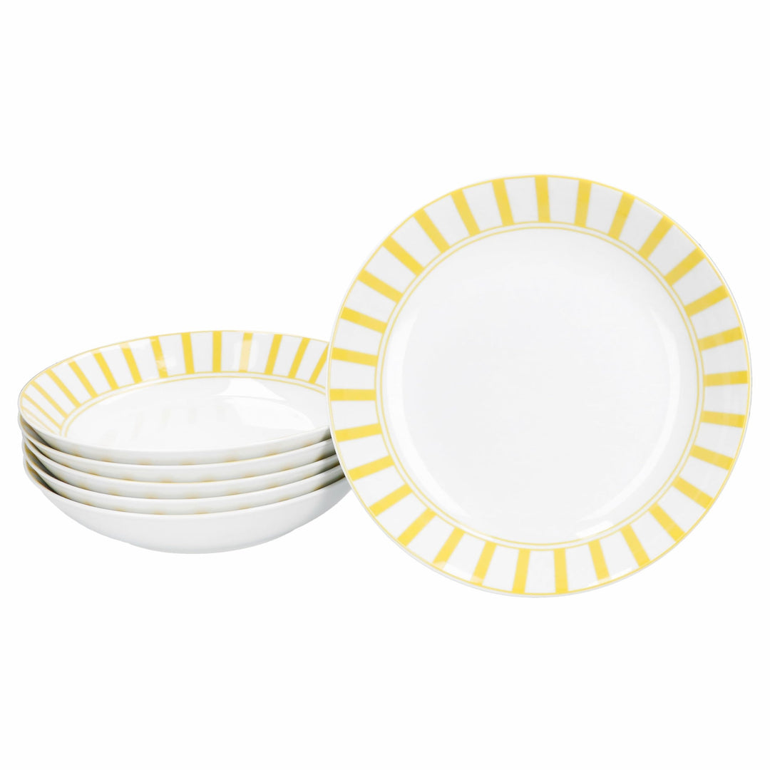 MamboCat Split gelb 6er Set Suppenteller I 450ml I weisses Porzellan-Geschirr mit Streifen für 6 Per