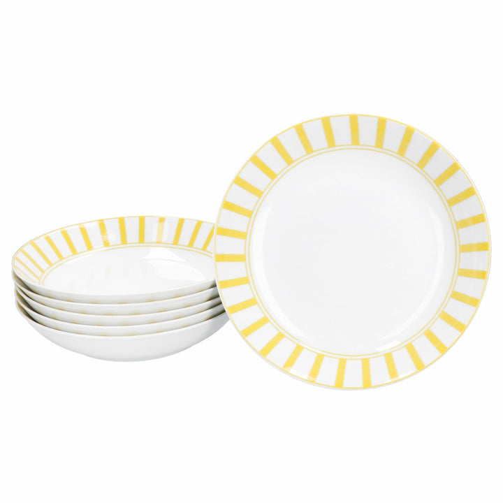 MamboCat Split gelb 6er Set Suppenteller I 450ml I weisses Porzellan-Geschirr mit Streifen für 6 Per