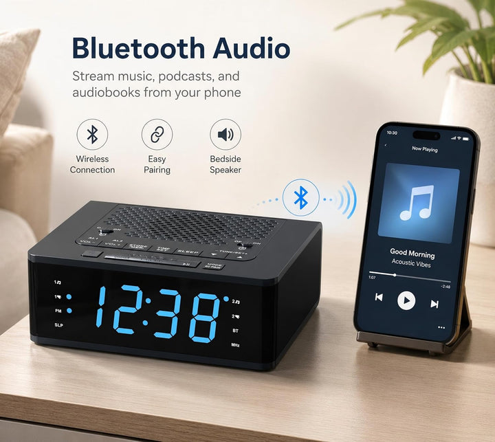 iTOMA Wecker für Schlafzimmer mit FM Radio, Bluetooth, Dimmbare LED Anzeige, Schlaf Timer, Einstellb
