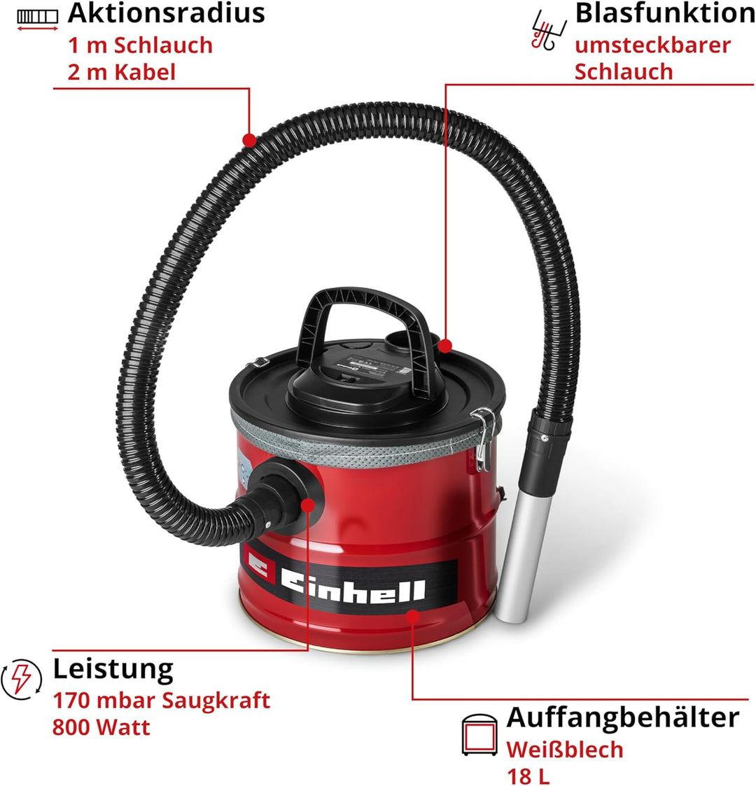 Einhell Aschesauger TC-AV 1830 D (800 W, 170 mbar Saugleistung, 18 L Auffangbehälter, Filtersystem,