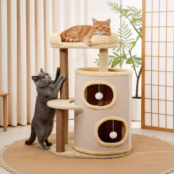 Kratztonne für Katzen 4-stöckig | Kratzbaum mit Sisalstangen und Plüschbällen | Kletterspass für kle