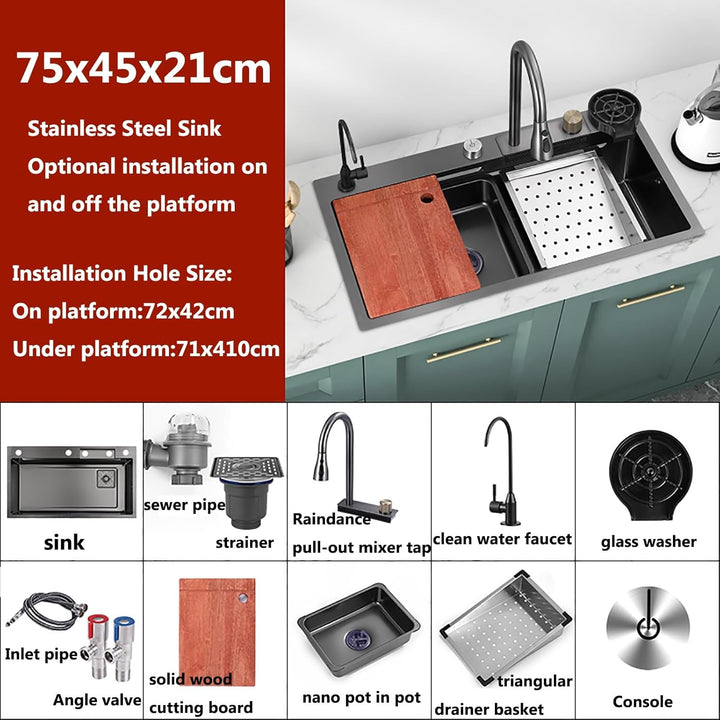 Spülbecken Küchenspüle Waschbecken Küche Edelstahl, Waterfall Spüle Küche Schwarz Mit Cup Washer, Ei