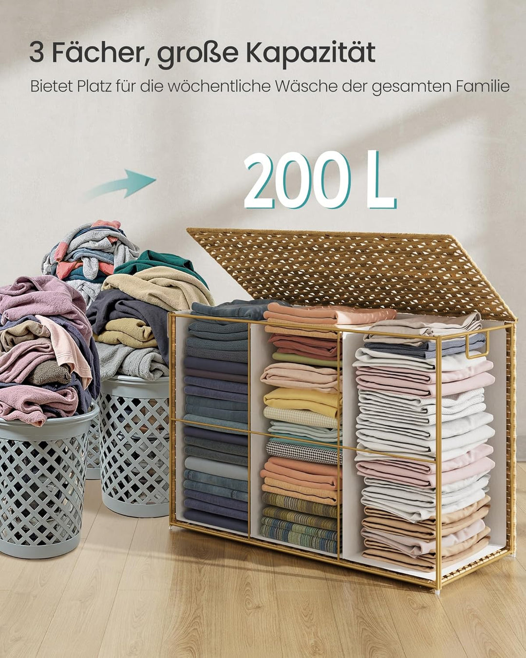 SONGMICS Wäschekorb 3 Fächern, Wäschesammler 200 L, Wäschebox aus synthetischem Rattan, mit Deckel u