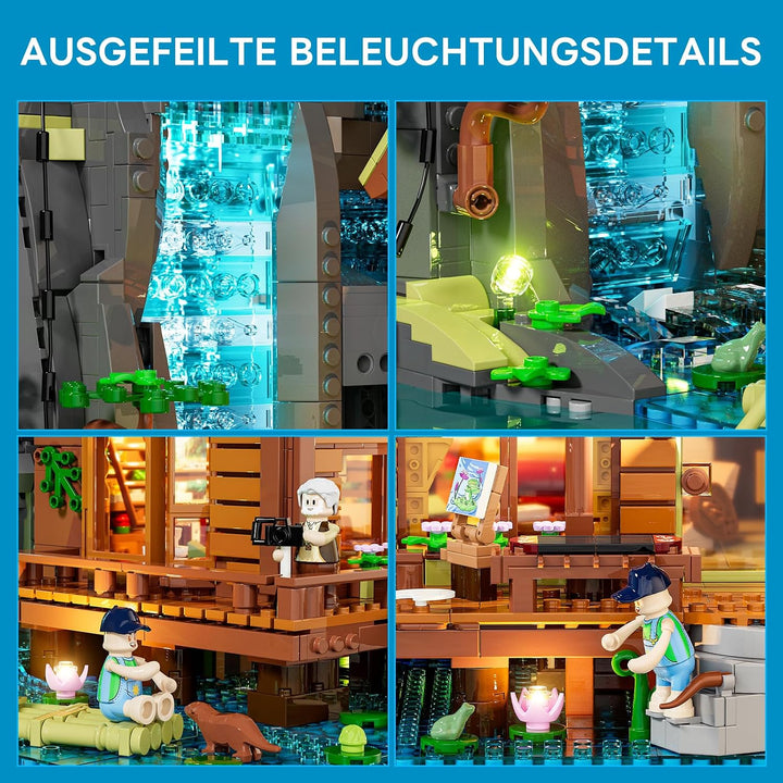 Lumibricks Waterfall Cabin Bauset mit Licht – 2539 Teile Retro Holzhaus mit beweglichem Wasserfall &
