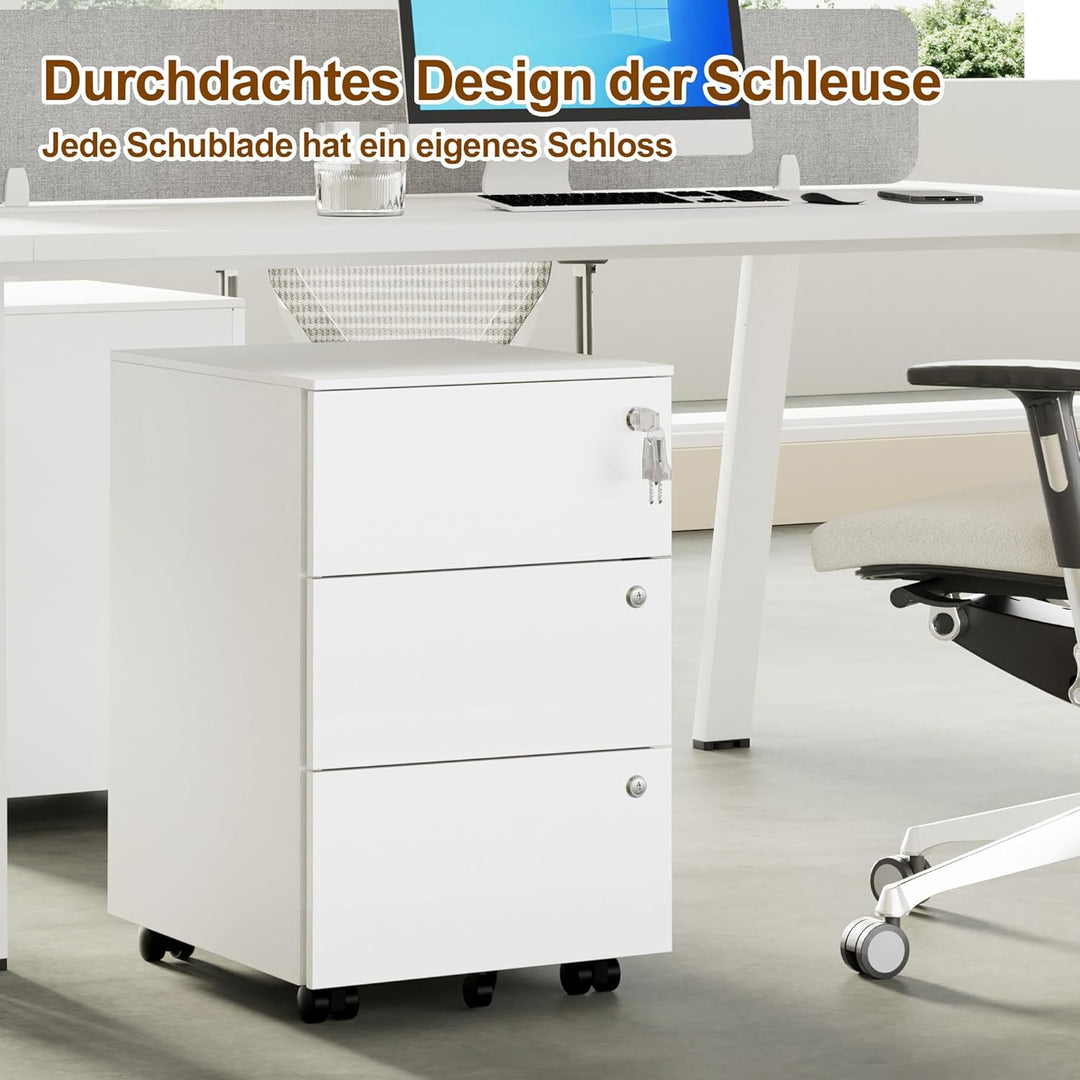 Rollcontainer, Mobiler Aktenschrank mit 3 Schlössern, 4 Schlüssel, 3 Schubladen, Rollcontainer Schre