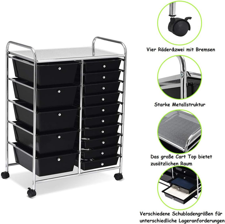 COSTWAY Rollwagen mit 15 stapelbaren Schubladen, Schubladenwagen Rollcontainer mit Metallgestell und