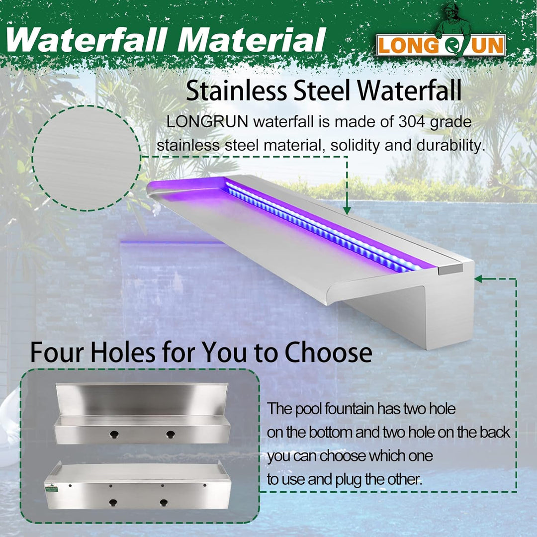 LONGRUN Edelstahl Wasserfall Überlauf, APP Kontrolle Multi-Farben LED-Licht Draussen Pool Brunnen, K