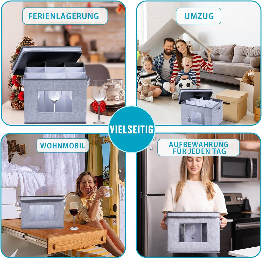 VENO Aufbewahrungs- und Stielglas-Box mit Deckel und Griffen, Glaswaren, Porzellan-Organizer, ideal
