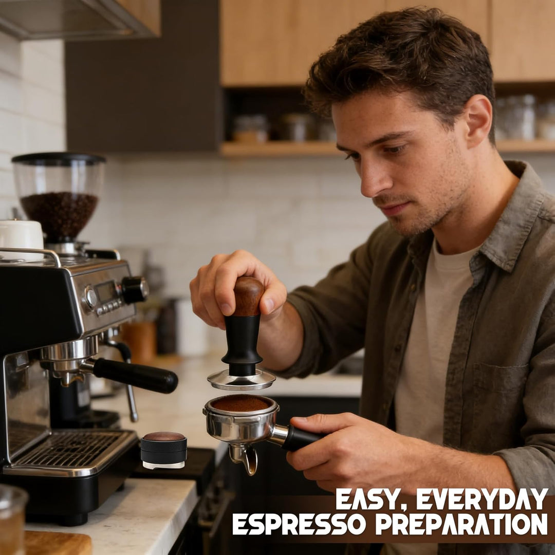 Kaffeetamper Set 58 mm aus Edelstahl – Espresso Tamper mit Holzgriff, Espressopulver-Distributor & S