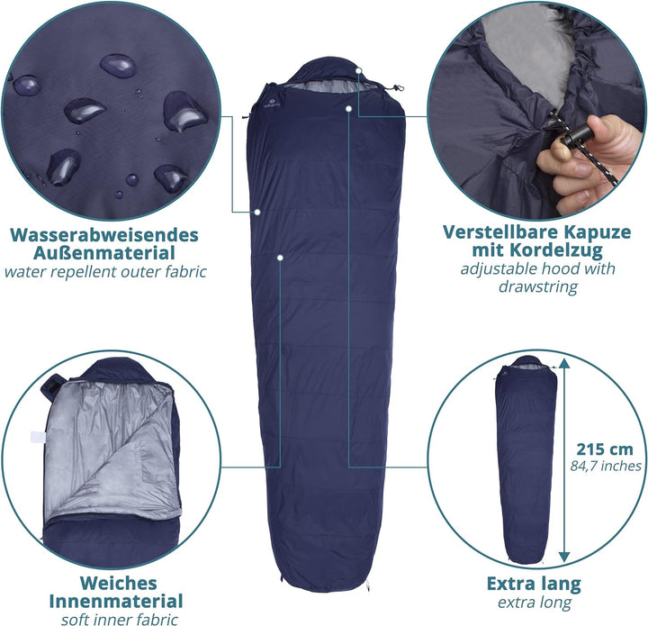 valuents Outdoor Daunenschlafsack 215cm– Ultraleicht und warm – Füllung: Entendaunen (190g) – down S