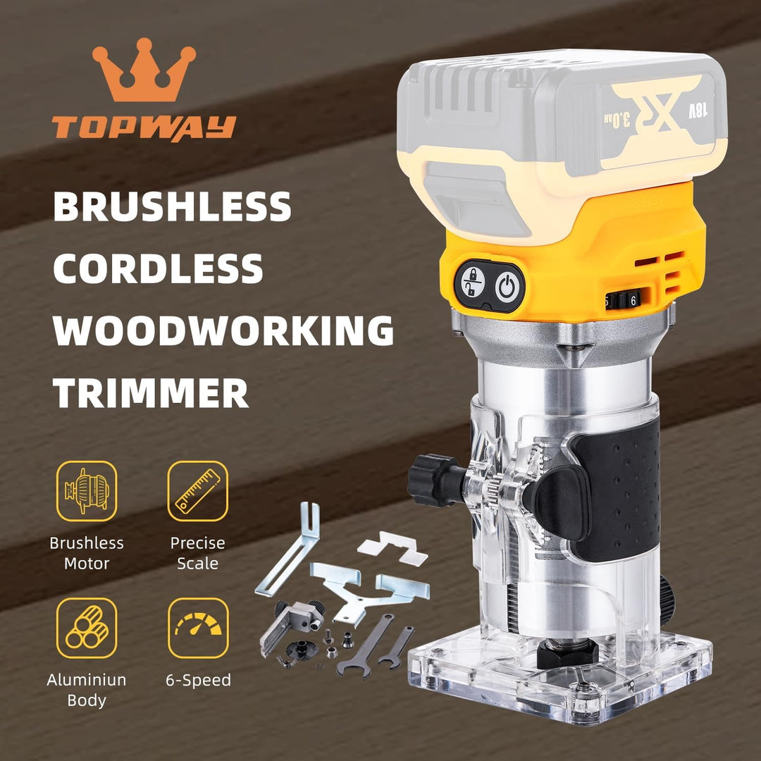 TOPWAY Bürstenloser, kabelloser Hand-Holztrimmer-Fräser 18 V – Kompatibel mit DeWa.. DCB184-Akku, va